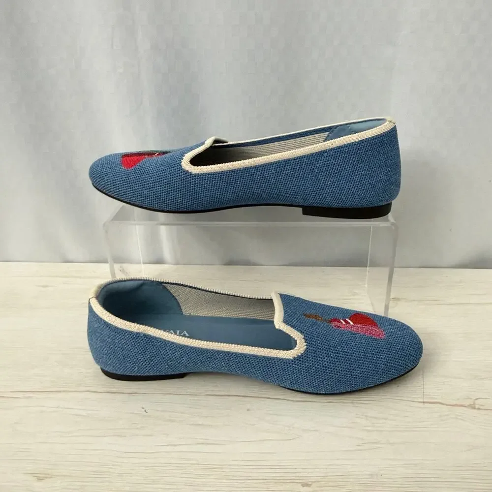 Vivaia Shoes Womens Size 6.5 Audrey Knit Flats Blue Tassel Embroidered 37